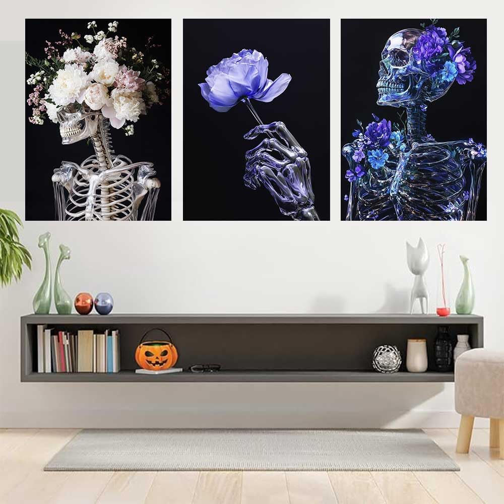 LATETOMT Skull Tapestry Goth Tapestry Black Vertical Tapestries Flower Skeleton Wall Tapestries Lovers Wall Hanging Valentine's Day Decor for Bedroom Living Room 15x20in 3 Pieces LTMTAYW501