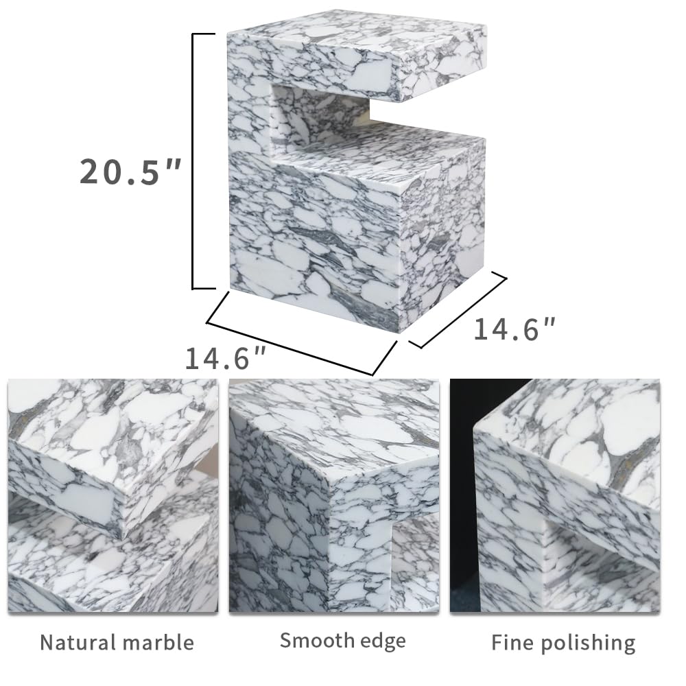 Natural Marble C-Shaped End Table, Luxurious Handmade Coffee Table Suitable for for Living Room Bedroom Bathroom Small Spaces, No Installation Marble Sofa Table for Modern Home Decor