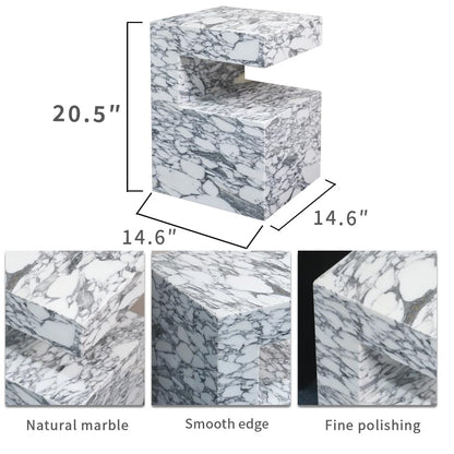 Natural Marble C-Shaped End Table, Luxurious Handmade Coffee Table Suitable for for Living Room Bedroom Bathroom Small Spaces, No Installation Marble Sofa Table for Modern Home Decor