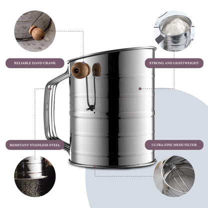 Bellemain 5 Cup Flour Sifter for Baking Fine Mesh Rotary Hand Crank with Loop Agitator for Quick Sifting, Flour Sifter Stainlees Steel