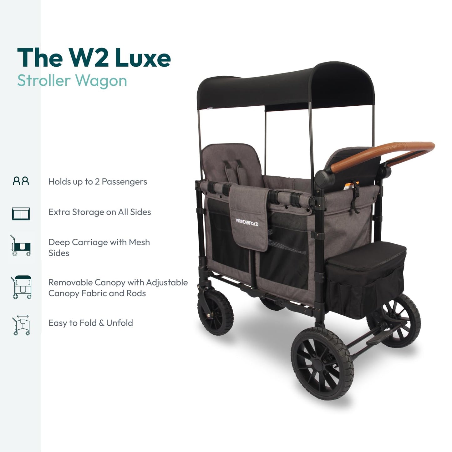 WonderFold W2 Luxe Stroller Wagon - Collapsible Stroller Wagon with Steel Frame - Adjustable Canopy & Push Handle - XL All-Terrain Wheels - for Babies, Toddlers & Kids - 2 Seater - Gray