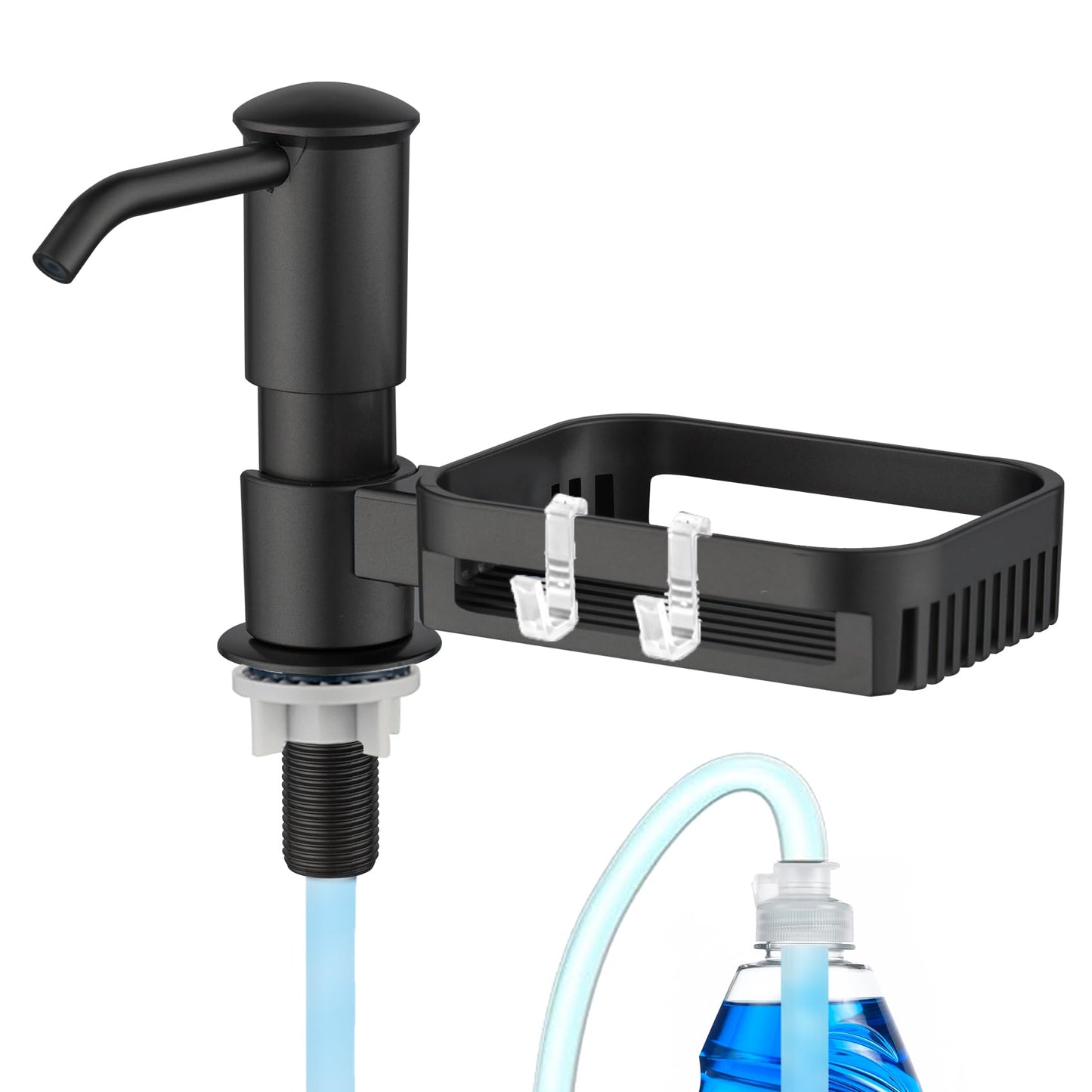 HAPPUP Soap Dispenser for Kitchen Sink, Built in Soap Dispenser Pump with Sponge Holder, Under Counter Black ABS Pump Head with 38" Extension Tube Kit, Good Suction Power (Black)
