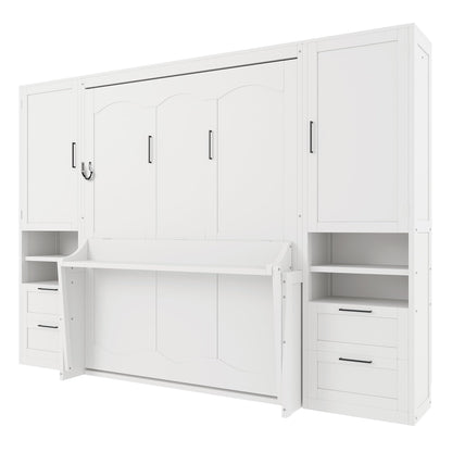 Merax Queen Size Murphy Bed with Desk, Multifunctional Foldable Wall Bed with Closet, Drawers and Shelves, Space-Saving Wood Platform Bed Frame for Small Spaces Studio Study Office Guest Room, White