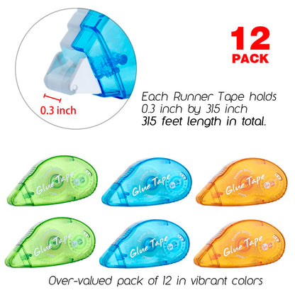 12 Pack Double Sided Tape Roller, Scrapbooking Tape, Permanent Adhesive Tape Dispenser Runner for Crafts and Arts Projects, Photo-Safe