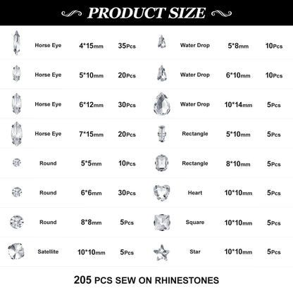 YHMQDU Sew on Rhinestones 205 PCS Glass Mixed Shapes Sew on Crystal Gems Flatback with Silver Claw for Jewelry Crafts Clothes Shoes Costume (Sliver Rhinestones)