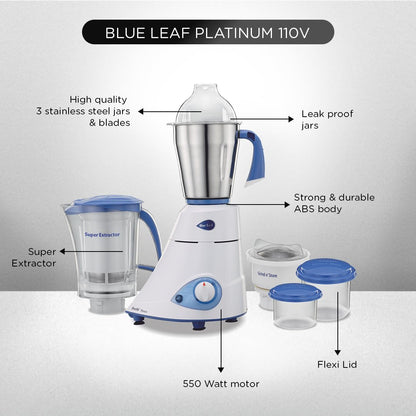Preethi Blue Leaf Platinum 550 Watts 3 Jar Indian Mixer Grinder 110 Volts