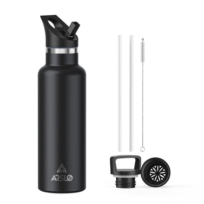 Arslo Stainless Steel Double Wall Water Bottles 20 Ounce, Vacuum Insulated Bottle With Straw Lid, Insulated Water Bottle Keeps Water Cold for 24 Hours, Hot for 12 Hours, Hiking, Sports