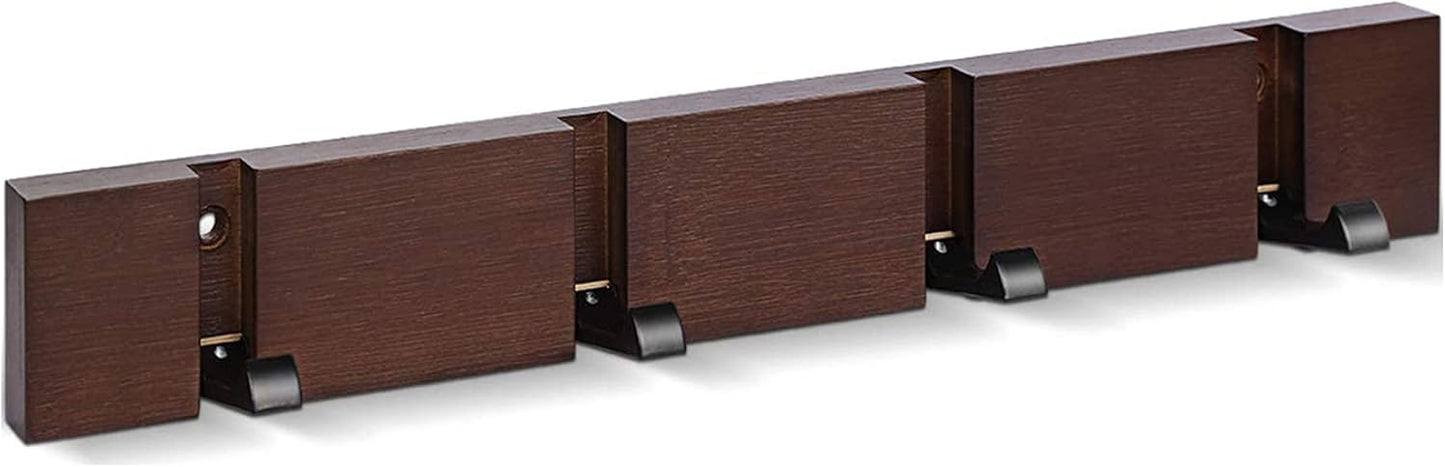 Modern Wooden Coat Rack, Wall Mounted with 4 Folding Hooks, Brown Coat Hanger for Purses and Keys