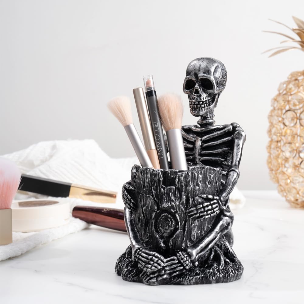 Arola Skull Pen Pencil Holder Skeleton Key Holder Makeup Brush Holder Home Office Desk Supplies Organizer Accessory（Silver-Plated）