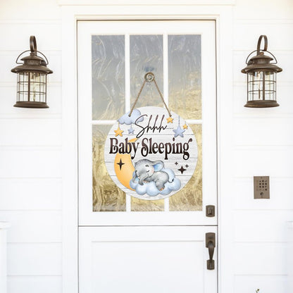 Shhh Baby Sleeping Front Door Sign, Elephant Moon Cloud Stars Wood Door Hanger Nursery Kids Bedroom Decor, Infant Toddler Baby Boy Girl Room Rustic Wooden Wreath Indoor Wall Hanging Decoration