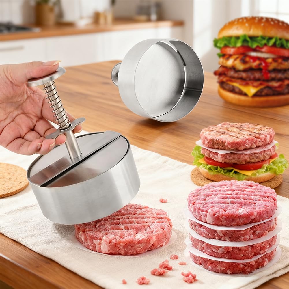 Waylenbo Burger Press 4.5 Inch, 304 Stainless Steel Hamburger Patty Maker with Spring Button & 50 Parchment Papers, Easy Release Non-Stick Mold for Ground Beef, BBQ, Dishwasher Safe