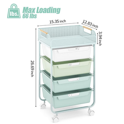 SYKIARIOL 4-Drawer Rolling Storage Cart with Mesh Top, Utility Craft Organizer Cart on Wheels with DIY Labels, Rolling Drawer Cart for Home Office Classroom Bedroom, Green