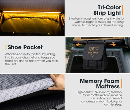 Sanhima Rooftop Tent Hard Shell - Hotham Lite Overland Aluminium Roof Top Tent 4.56" Slimline, w/Tri-Color LED Strip Light & 1.97” Thick Mattress, for Car SUV Truck Camping, 2-3 People Tent (Khaki)