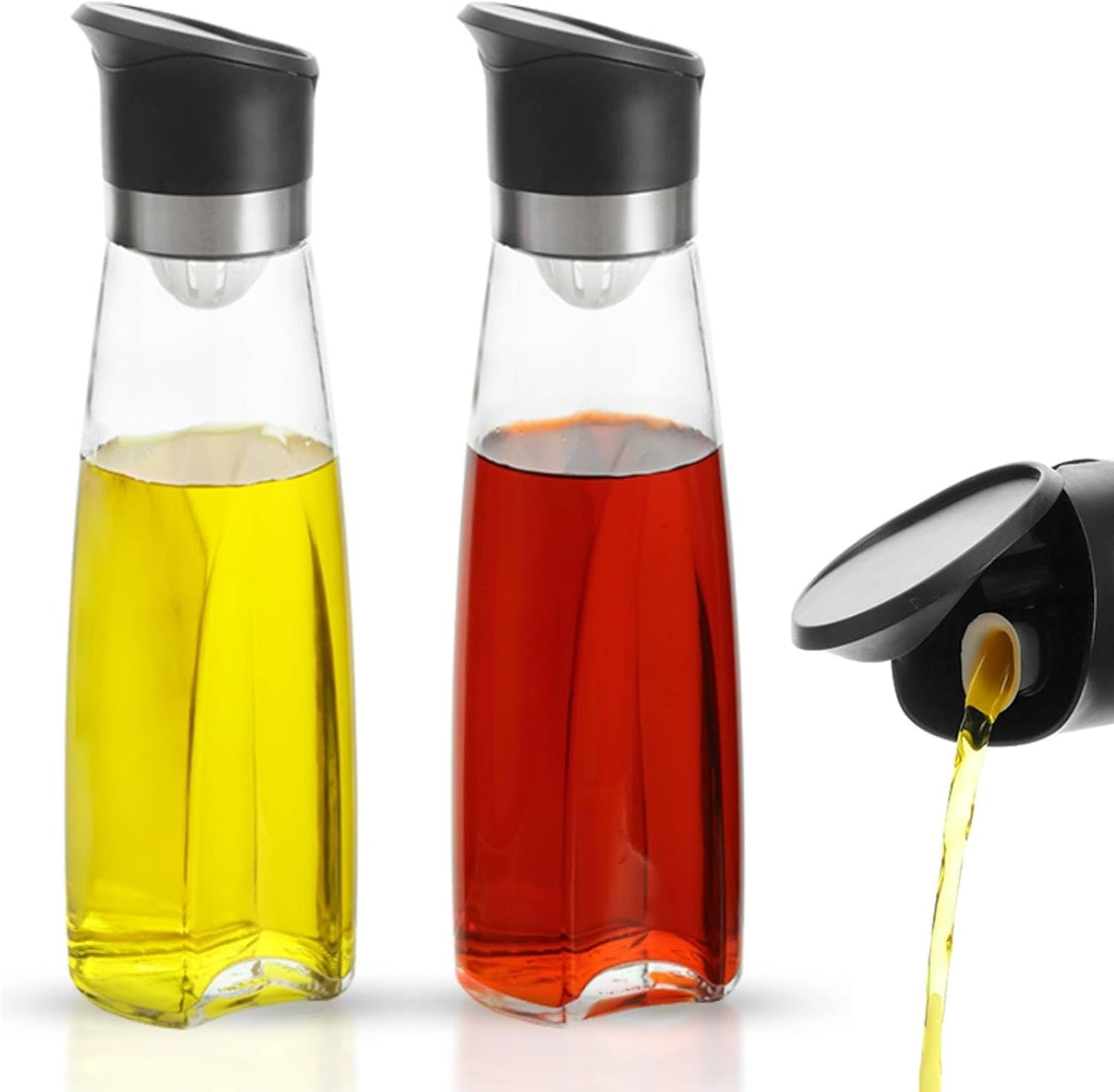Set, 2-Piece 16oz Premium Glass Olive Oil and Vinegar Dispenser Bottles Kitchen Cooking Cruet with Auto-Open Lid