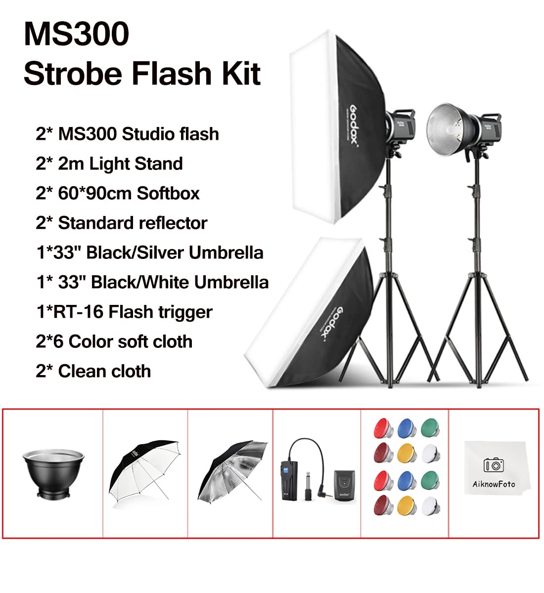 2pcs Godox MS300 600W Studio Strobe Flash Kit Bowens Mount Lighting,2.4G Wireless GN58 5600K Monolight with 150W Modeling Lamp,RT-16 Flash Trigger,Light Stands,Softbox,Umbrellas,Reflectors