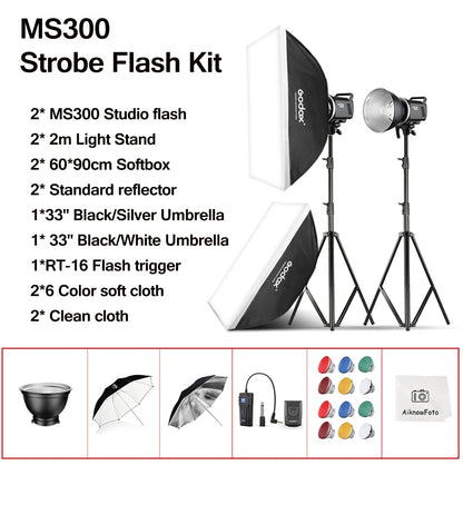 2pcs Godox MS300 600W Studio Strobe Flash Kit Bowens Mount Lighting,2.4G Wireless GN58 5600K Monolight with 150W Modeling Lamp,RT-16 Flash Trigger,Light Stands,Softbox,Umbrellas,Reflectors