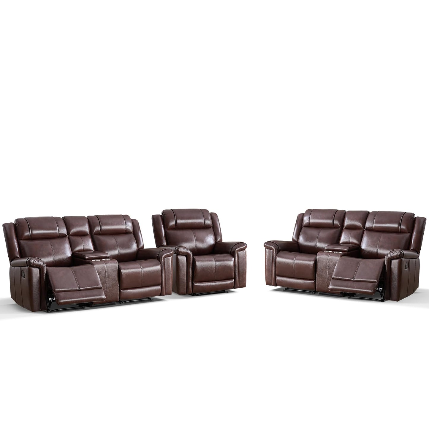 ANJ Premium Genuine Manual Reclining Sofa Set, Included Single Recliner Chair and Loveseat 2-Seater Couch Set of 2 with Hidden Storage& Cup Holders, 3-Piece Living Room Furniture Set, Rust Brown