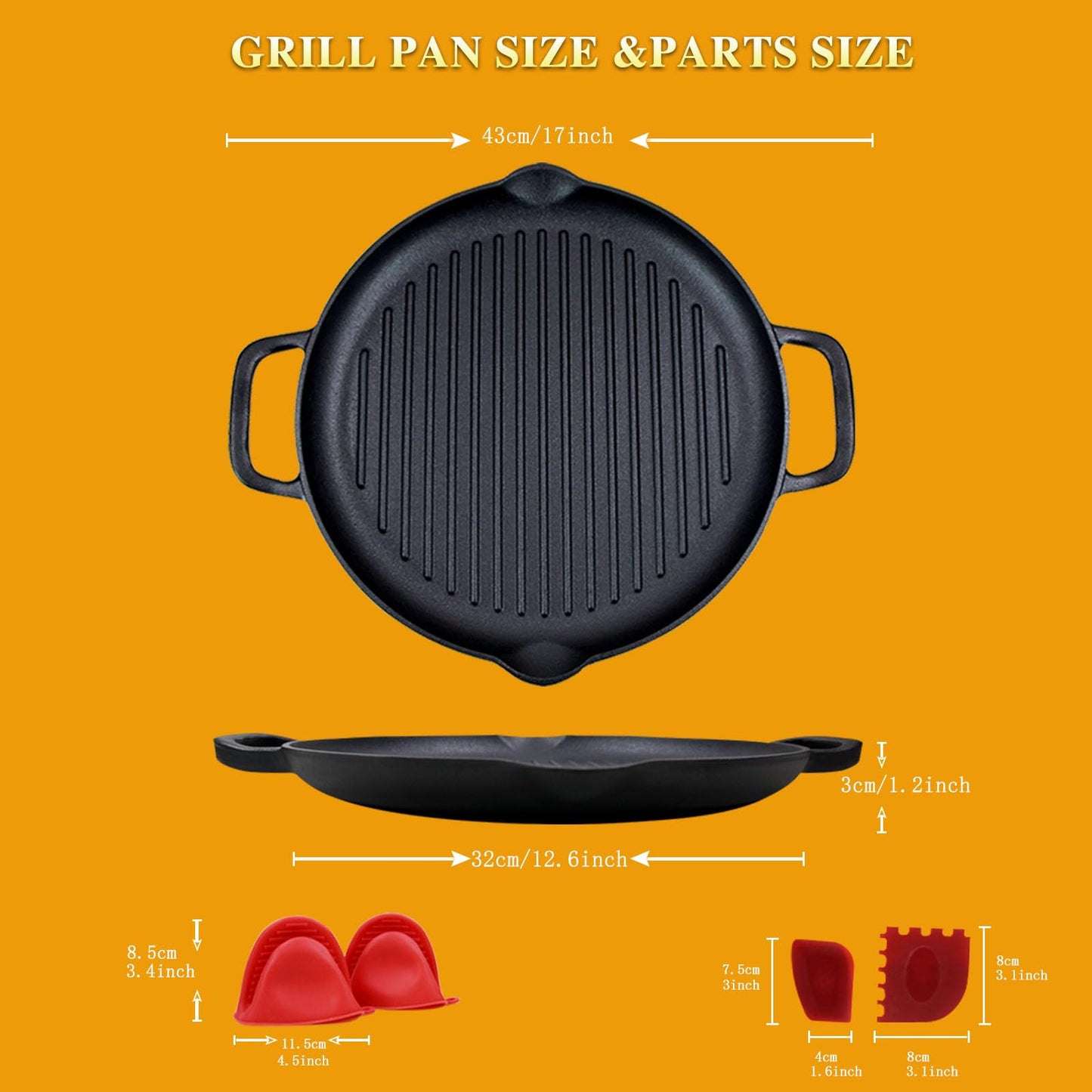 Cast Iron Grill Pan, 12.6 inch Griddle Pan with Dual Handles, Pre-Seasoned Heavy-Duty Cast Iron Skillet for Stovetop, Oven, Indoor & Outdoor BBQ Use
