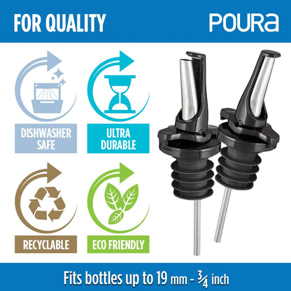 3-in-1 Liquor Pour spout with Built-in Fruit Fly Protection - BPA Free & Dishwasher Safe Hygienic Alcohol Speed Spouts - Also for Olive Oil, Juice, Syrup. Black 2 Pack