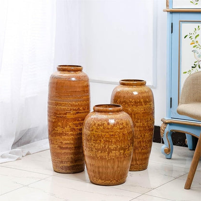 Large Yellow Ceramic Floor Vase, Handcrafted Glazed Pottery for Flower Arrangement, Modern Chinese Style Decor