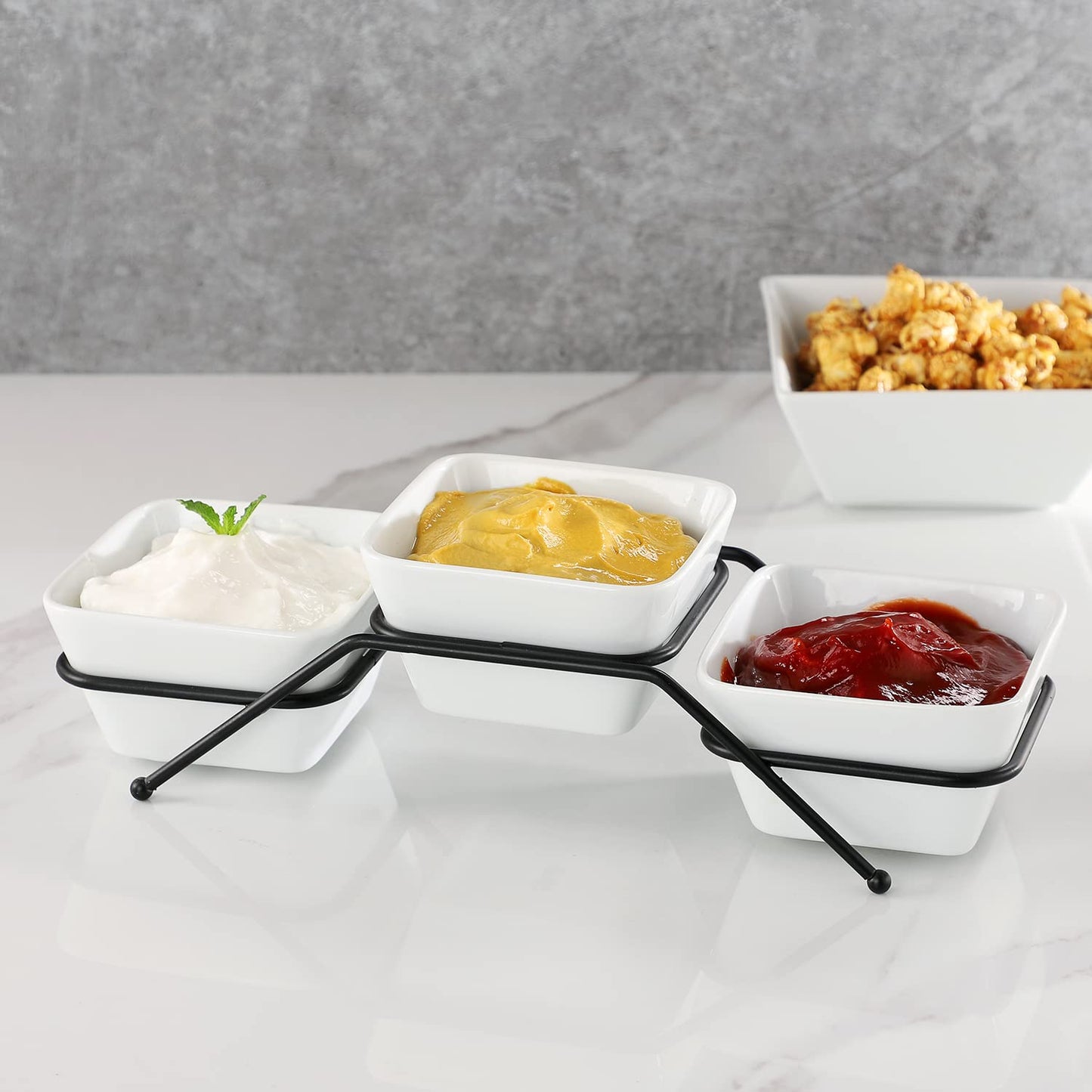 Buyajuju 3 pcs square bowl Porcelain Chip & Dip Serving Set with Black Metal Stand, 4.5inch White Small Serving Bowls for Side Dishes, Salsa, Appetizer, Serving Dishes for Entertaining 11.5 OZ