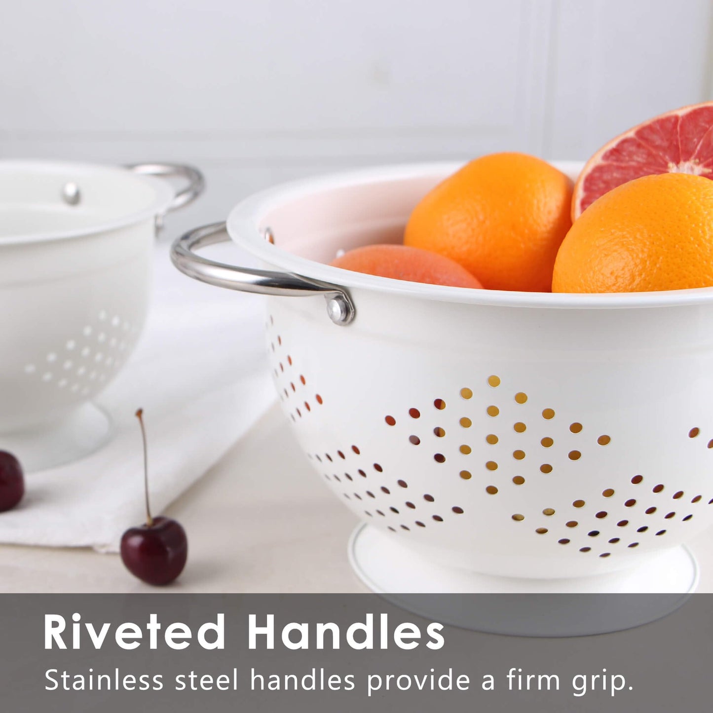 Rorence Powder Coated Steel Colanders: 1.5 Quart 3 Quart & 5 Quart Set of 3 - White