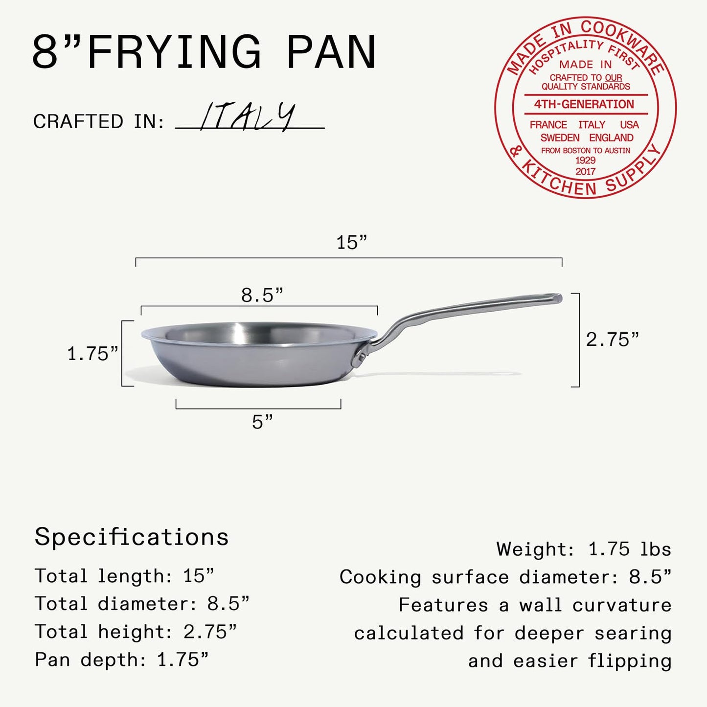 Made In Cookware | 8-Inch Stainless Steel Frying Pan | 5 Ply Stainless Clad | Professional Cookware | Crafted in Italy | Induction Compatible