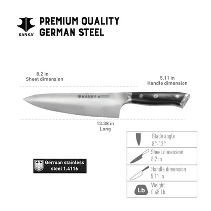 KANKA Professional 8 inch Chef Knife – High Grade 1.4116 Stainless Steel, Ultra-Premium G-10 Fiberglass Handle, Premium Wood Sheath Included – Essential Kitchen Knife for Chefs