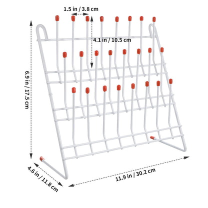 TEHAUX Lab Drying Rack, Space-Saving Lab Beaker and Tube Drying Holder with Non-Slip Red Top, Sturdy Iron Frame, 24 Pegs Vertical Drying Rack for Laboratory Glassware and Bottles (White)