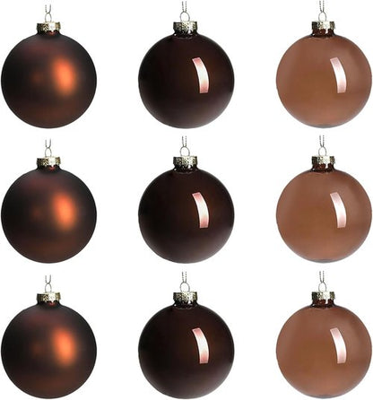 DN DECONATION Brown Glass Christmas Ball Ornaments - Set of 9 Hanging Baubles for Tree Decoration