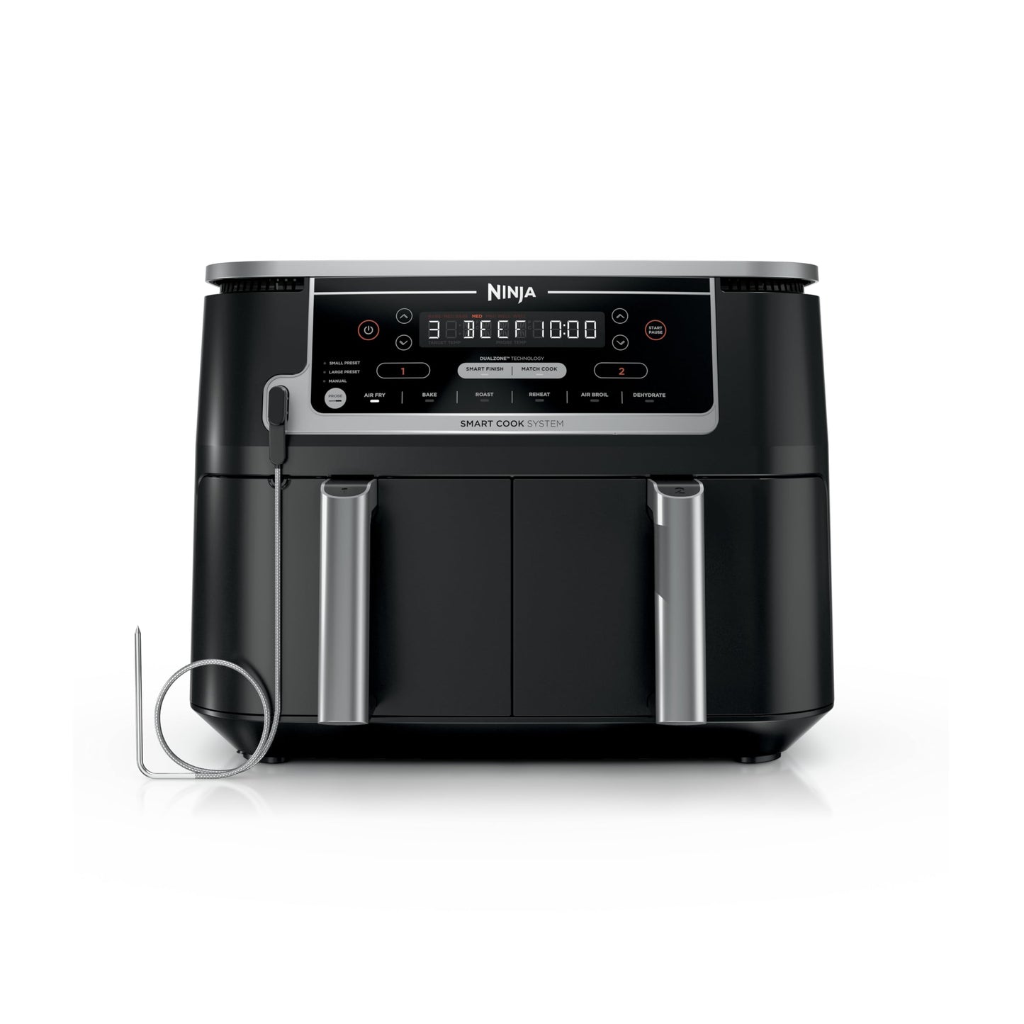 Ninja Foodi Air Fryer w/ Smart Cook Thermometer | 6-in-1 Air Fry, Roast, Bake, Dehydrate & More | DualZone™ Match Cook & Smart Finish, 2 Independent Baskets | XL 10 Qt, Stainless Steel | Black, DZ550