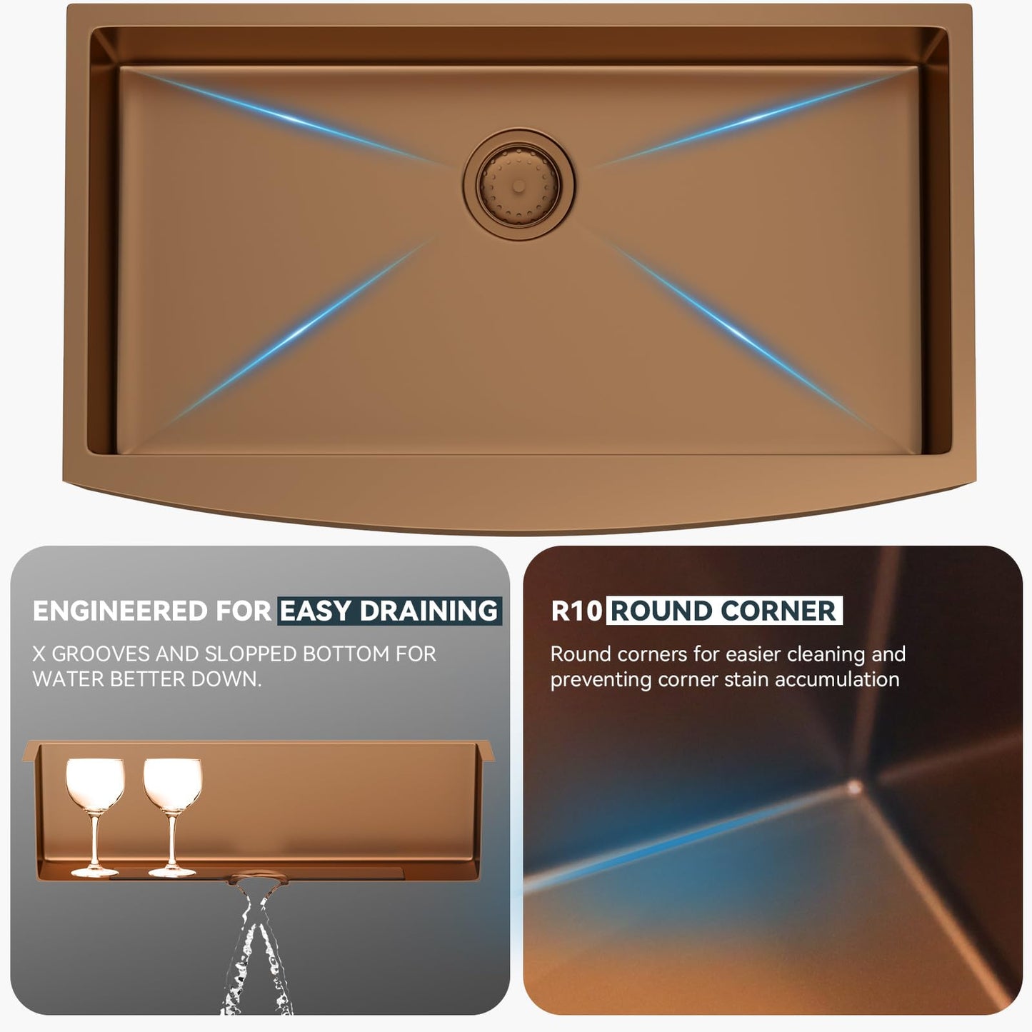 Lordear 36 inch Farmhouse Kitchen Sink Undermount Sink Matte Bronze 16 Gauge Stainless Steel Deep Single Bowl Burshed Rose Gold Farm Sink With Accessories