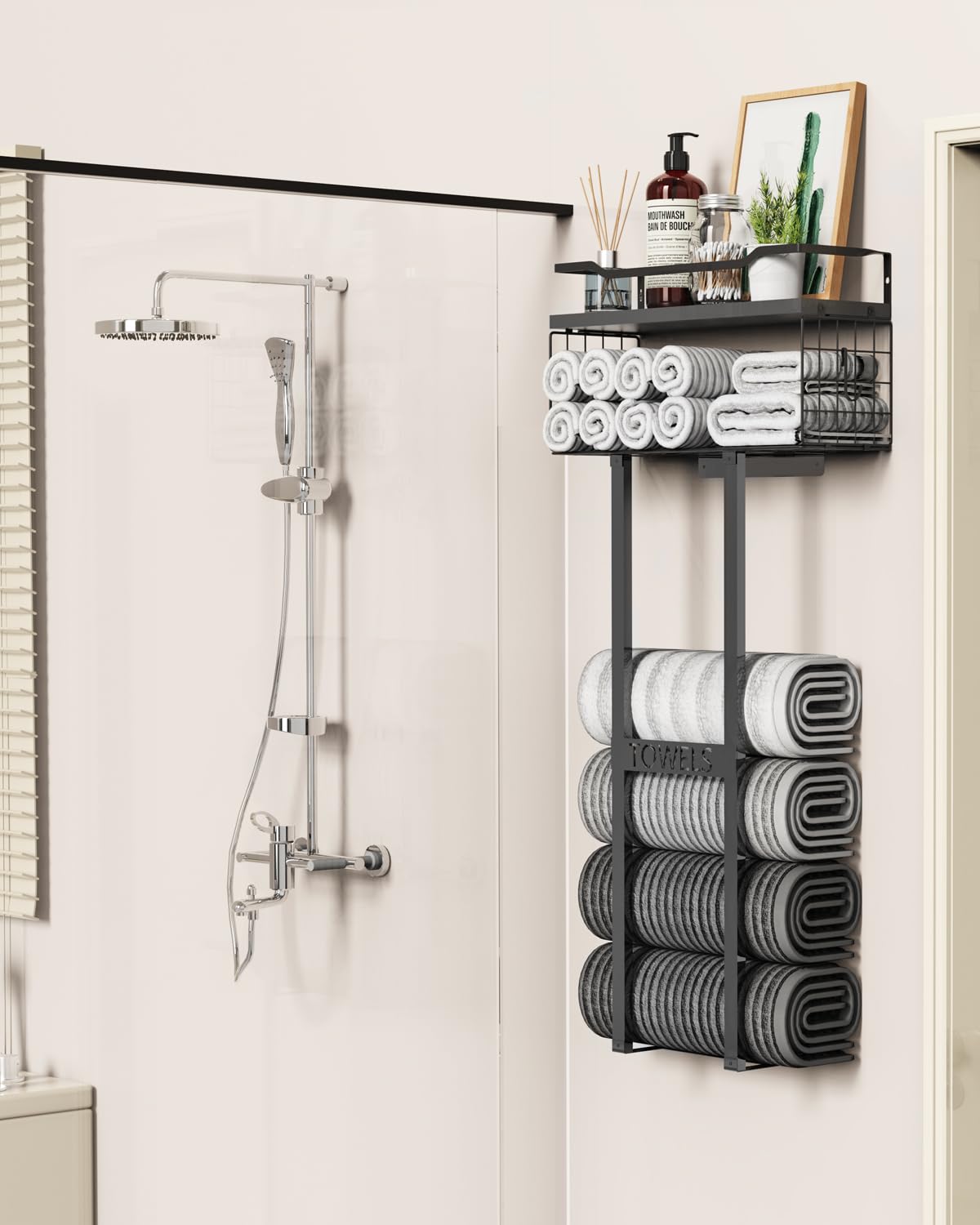 Aetyord Towel Racks for Bathroom 31inch Wall Mounted Towel Rack,Floating Shelf with Wood Plank,Towel Storage for Bathroom can Holds 6 Large Rolled Towels,All Black