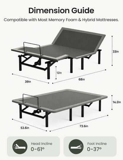 Mixcous Full Size Adjustable Bed Frame with USB Ports, Electric Bed Base with Wireless Remote, 3-Fold Foldable Design, Quiet Motor, Heavy Duty Metal Frame, Easy Assembly Adjustable Base