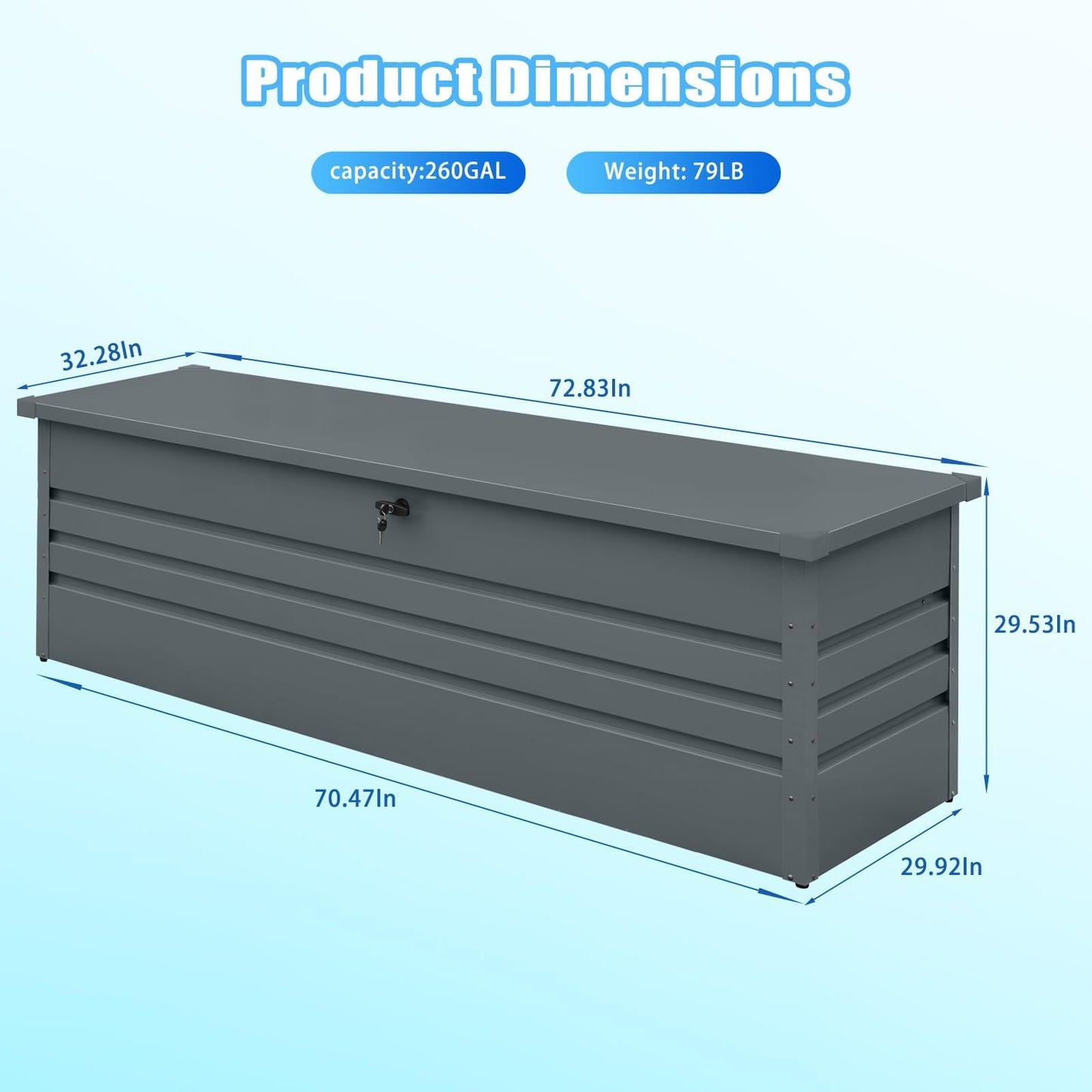 Zolyndo 260 Gallon Waterproof Outdoor Storage Box, Extra Large Outside Metal Deck Storage Box for Patio Cushions, Garden Tools, Pool Supplies
