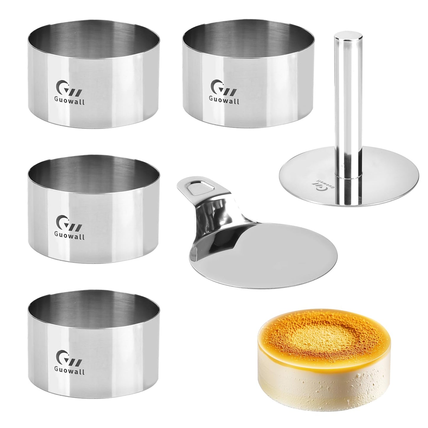 Guowall 4 pack Seamless Mousse Cake Ring set Stainless Steel 4 inch Round Food Mold Dessert Cutter for Baking (Includes 1 Lifter, 1 Pusher and 4 Rings)