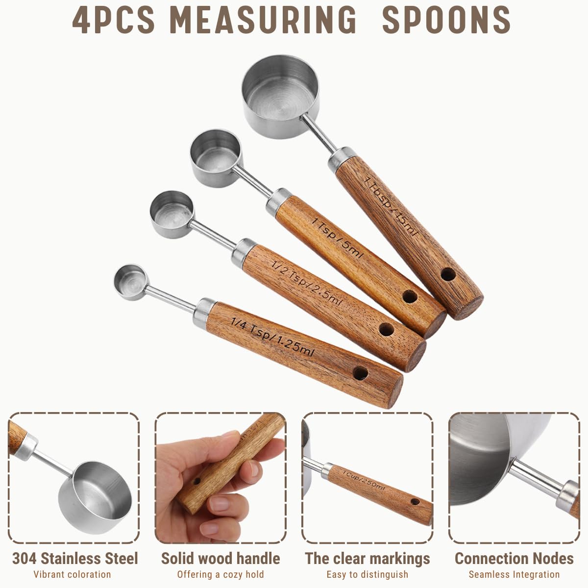 Measuring Cups and Spoons Set with Wooden Handle, 8 Pieces Stainless Steel Measuring Spoon and Cup with US Measurements for Baking and Cooking Sliver