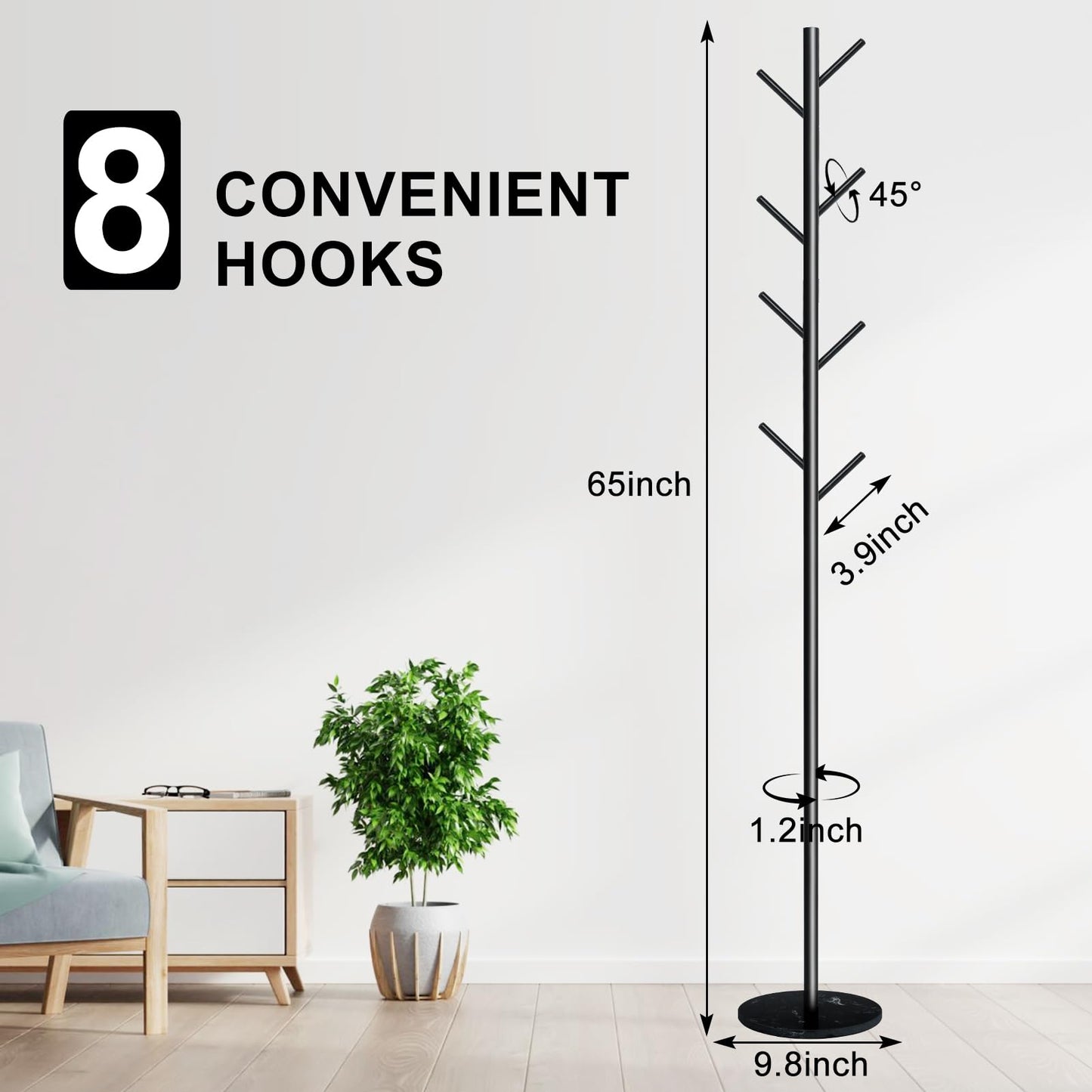 Acteomsly Coat Rack with Natural Marble Base, Metal Freestanding Coat Rack with 8 Hooks, Heavy Duty Coat Hanger Stand for Entryway, Office, Bedroom,Dorm for Coats, Hats, Handbags and Scarves(Black)