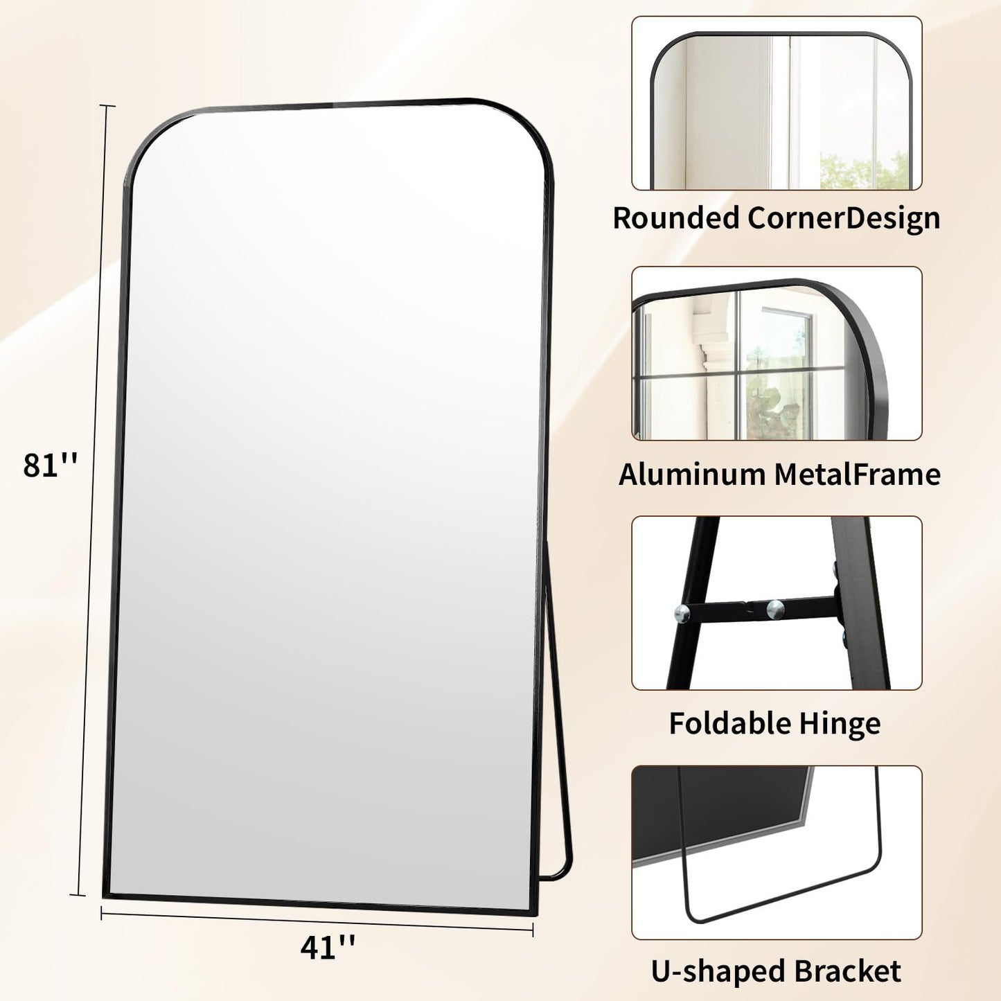 Riskioir Full Length Mirror 81"x41" Arched Floor Standing Large Mirrors Full Body Mirror with Stand - with Aluminum Frame for Bedroom Living Room, Black