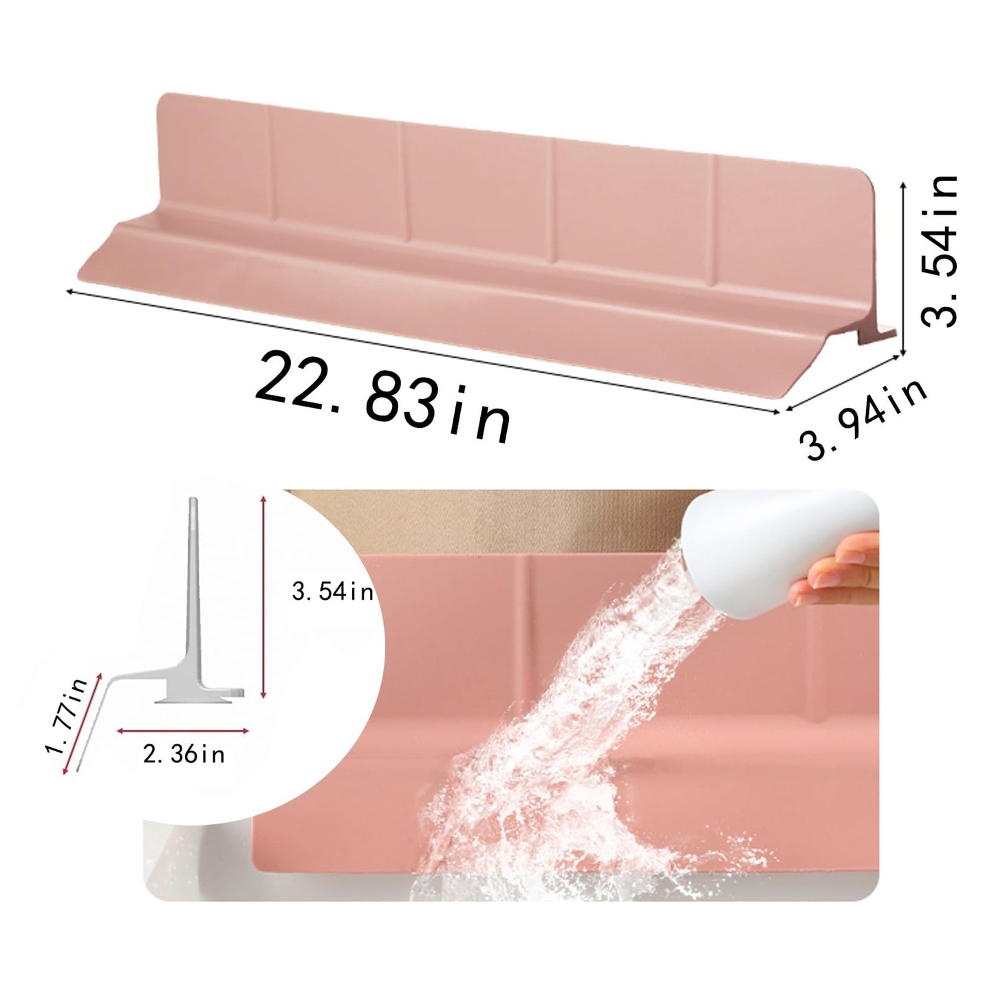 URJWAN Food Grade Silicone Sink Splash Guard (23 Inch), 7 Strong Suction Cups Non-Slip Water Protector, Dishwasher Safe & Cuttable for Kitchen/Bathroom Countertops (Pink)