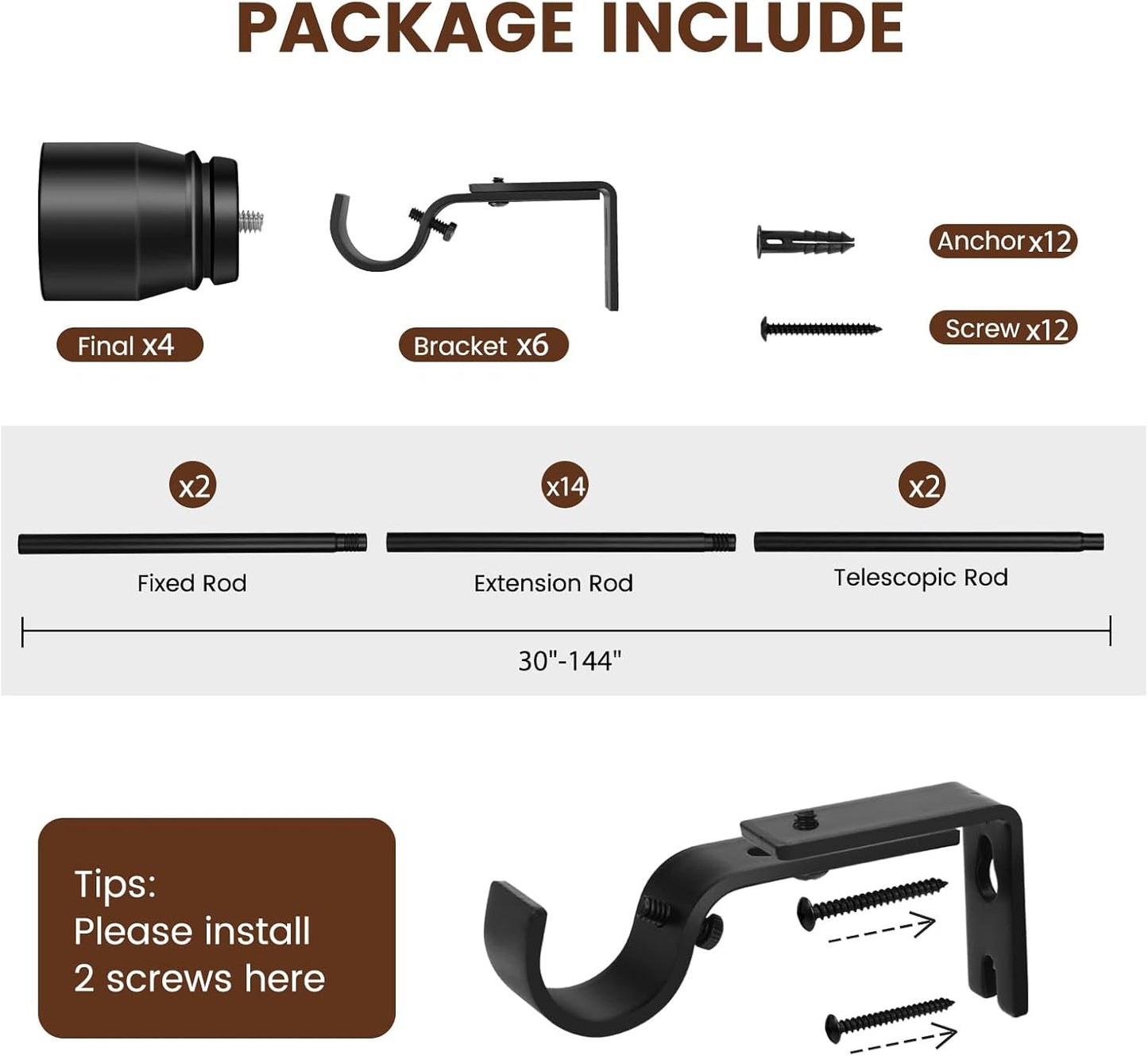 Skiennix Matte Black Curtain Rod - Heavy Duty Adjustable Telescopic Design | Fits 30-144 Inch Windows