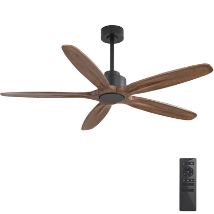 WINGBO 54 Inch Ceiling Fan without Light - 5 Carved Solid Wood Blades, 6-Speed Reversible DC Motor, Noiseless Remote Control Ceiling Fan No Light for Bedroom Living Room Kitchen, Black and Walnut