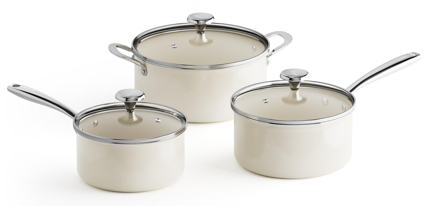 Redchef Cooking Pot Set Induction 5Qt, Saucepan Set 2.5/3.5Qt Nonstick Ceramic Cookware Set, Compatible All Cooktops, Even Heat, Stay-Cool Handles, Oven/Dishwasher Safe, PTFE PFAS Free (Beige)
