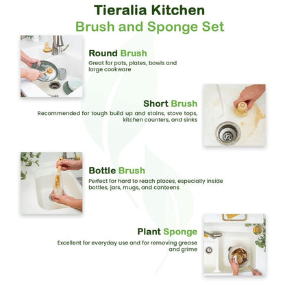Tieralia Bamboo Dish Brush Gift Set – 5-Piece Kitchen Cleaning Set with Bottle Brush, Round Scrub Brush, Palm Brush & 2 Plant-Based Sponges | Wooden Handle Cleaning Tools for Dishes & Surfaces