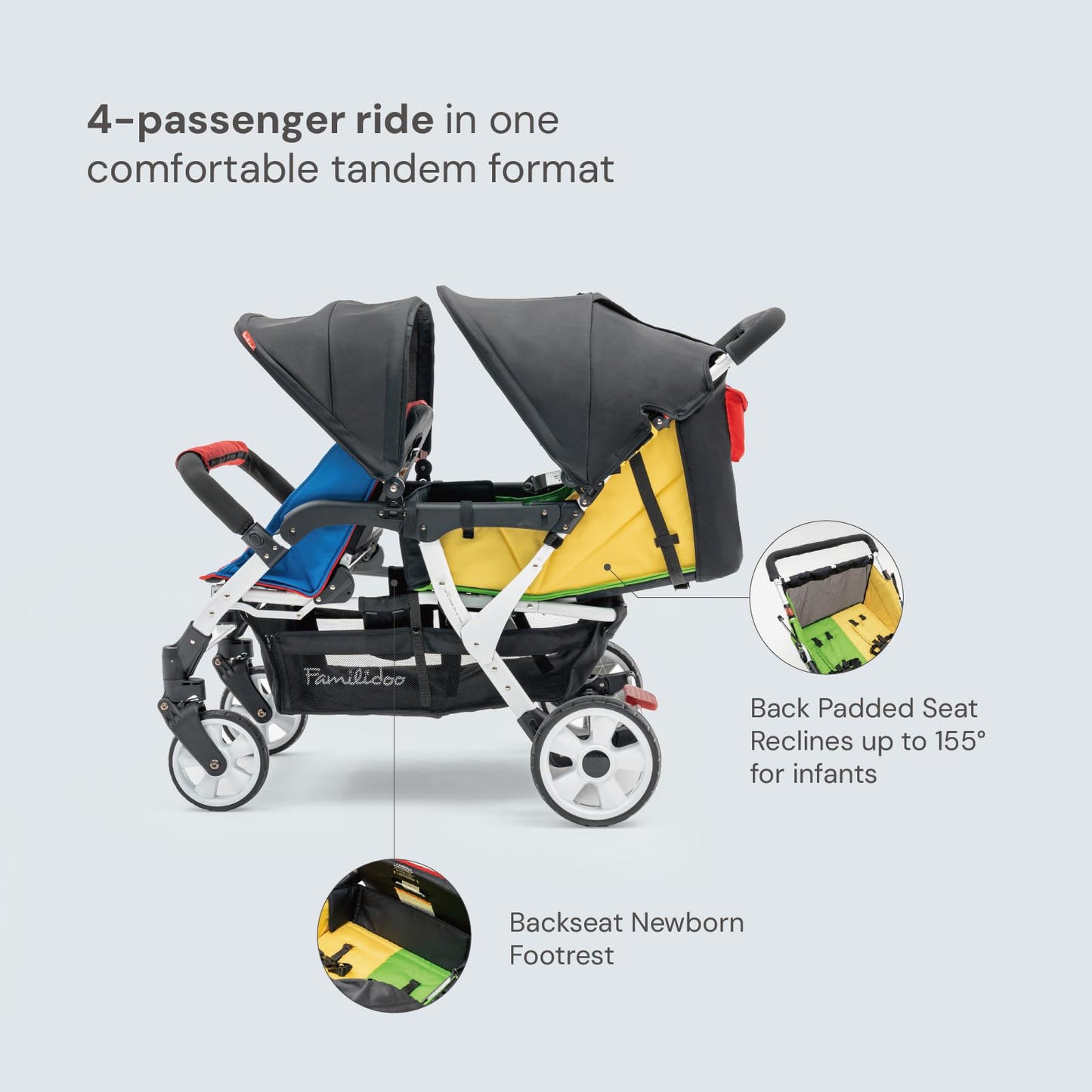 Familidoo H4E Quad Stroller Wagon for Kids, 4-Seater Daycare Baby Stroller with 5-Point Safety Harness, Lightweight & Foldable with All Reclining Seats, Double Canopy & Rain Cover – All-Terrain Wheels