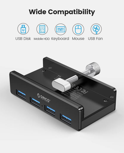 ORICO USB 3.0 Hub, USB Hub Clamp, Aluminum 4-Port USB Splitter with Extra Power Supply Port and 4.92 FT USB Data Cable, Desktop Powered USB Hub for Monitors/Desks-Black (Without Power Adapter)