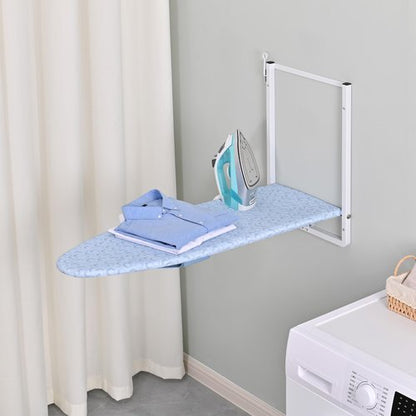 KINGBOARD Wall Mounted Ironing Board with Iron Holder, Compact Ironing Board for Small Spaces, Foldable Iron Stand Heat Resistant Cover, 36" X 12" Light Blue