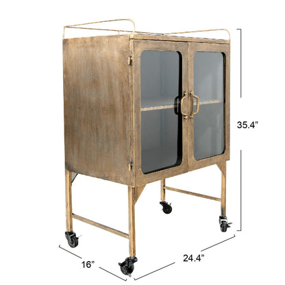 Creative Co-Op Vintage Metal Bar Cabinet with Glass Doors and Wheels, Antique Brass