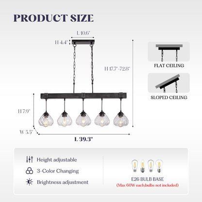 7PMBEANE Linear Chandelier for Dining Room, Modern 5-Light Kitchen Island Lighting,Black Farmhouse Linear Chandelier with Glass Shades, L39IN+W5.5IN+H7.9IN