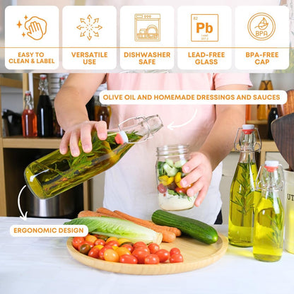 FastRack Swing Top Glass Bottles 16 oz (500ml) – 2 Pack | Clear Flip Top Bottles with Airtight Lids | Reusable Glass Containers for Olive Oil, Vinegar, Kombucha, Beer & Fermentation